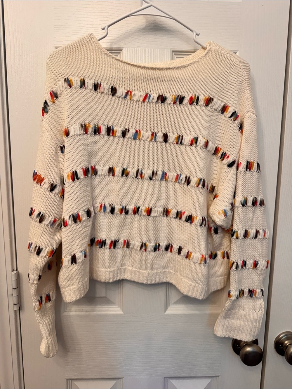 Lou & Grey for LOFT Cream Crewneck Sweater with Multicolor Detail
